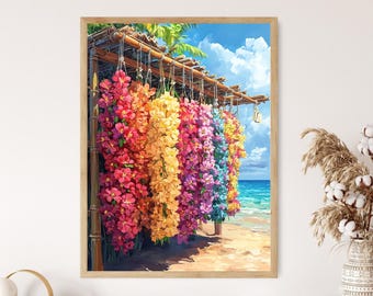 Hawaiian Lei and Flower Garland Illustration, Tropical Island Art Print, Gift Shop Decor