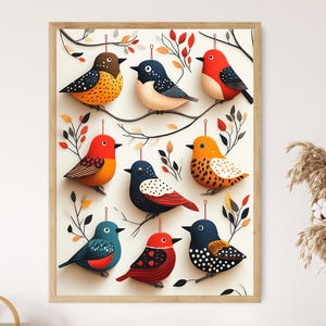 Può includere: Un'illustrazione colorata di otto uccelli con diversi motivi e colori, appesi a rami con bacche rosse. Gli uccelli sono tutti rivolti in avanti e hanno uno stile fantasioso e da cartone animato.