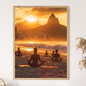 Morning Yoga on Ipanema Beach, Vibrant Wall Art, Brazilian Beachscape Decor, Unique Housewarming Gift