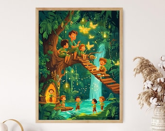 ネバーランドを飛ぶピーターパンのアートプリント、ファンタジー