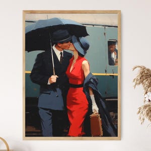 Lámina artística vintage "Beso en tren", homenaje a Jack Vettriano, pintura de pareja romántica bajo la lluvia, decoración de pared con escena de amor de mediados de siglo.