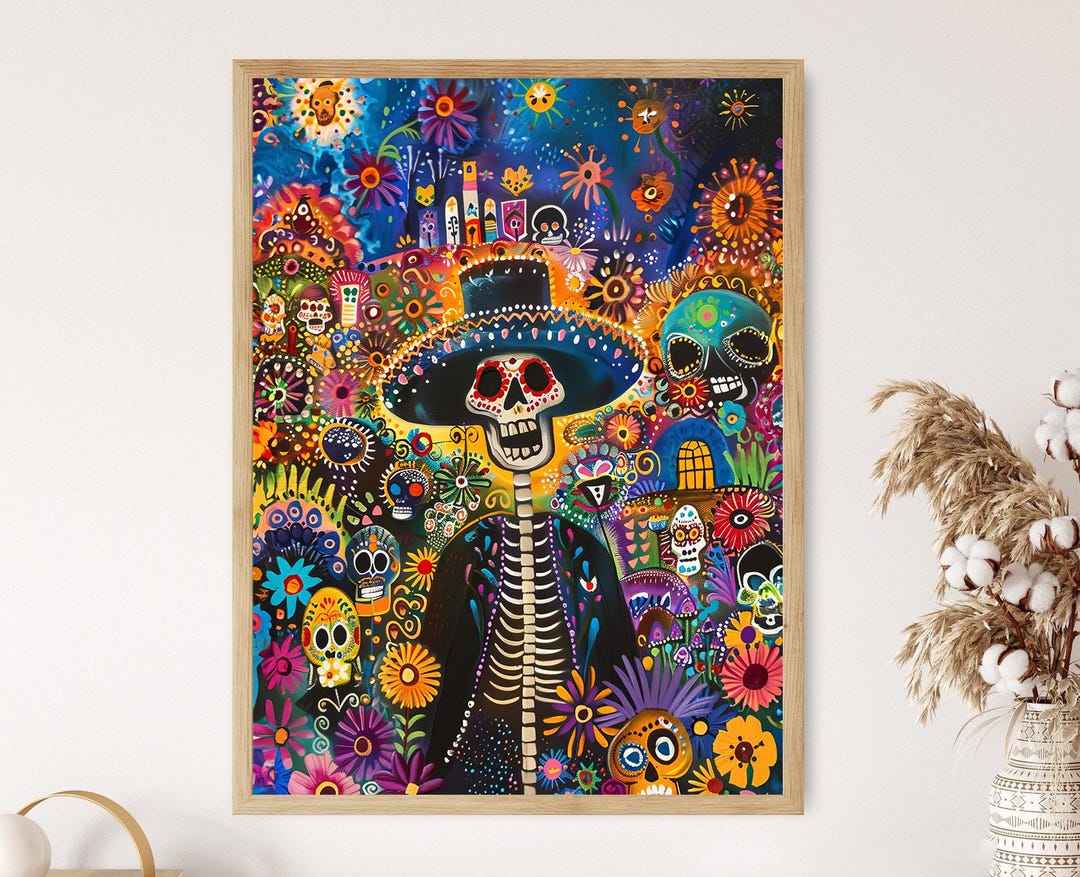 Dia de los Muertos アートプリント、鮮やかなスカルホーム