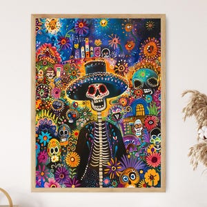 Impression d&#39;art Dia de los Muertos, oeuvre d&#39;art tête de mort vibrante, décoration d&#39;intérieur le jour des morts, cadeau unique de festival mexicain