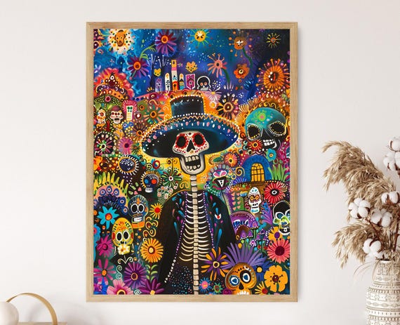 Dia de los Muertos アートプリント、鮮やかなスカルホーム