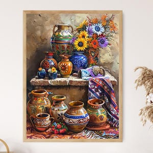 Mexican Ceramic Pottery Painting, Detailed Folk Art Print