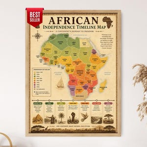 African Independence Timeline Map Print, Decolonization History Poster, Vintage Educational Wall Art
