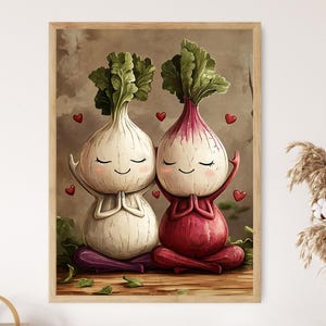 ヨガのレタスと大根のアート、面白い禅の野菜のイラスト