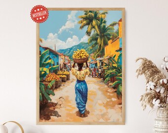 Haitian Woman with Bananas Illustration, Village Market Art Print