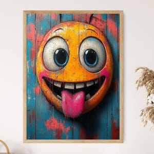 Lebendiges abstraktes Smiley Gesicht, bunte Pop Art, lustige Wanddekoration, spielerischer Ausdruck, Kunstdruck