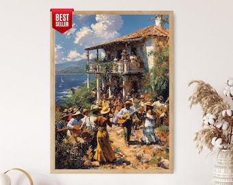 May include: A framed print depicting a lively outdoor gathering with a building, a balcony, and musicians. The artwork showcases a coastal setting with a blue sea and sky. The words "Best Seller" are displayed on a red banner.
