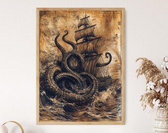 Sea Monsters Bestiary, Medieval Cartography Illustration, Vintage Nautical Print