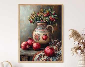 May include: A still life painting of a ceramic pitcher with a floral design, filled with red berries and pomegranates. The pitcher is on a wooden table with a patterned rug and four red pomegranates.
