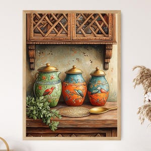 May include: Three decorative ceramic jars with colorful bird designs, sitting on a wooden shelf with a wooden lattice background.