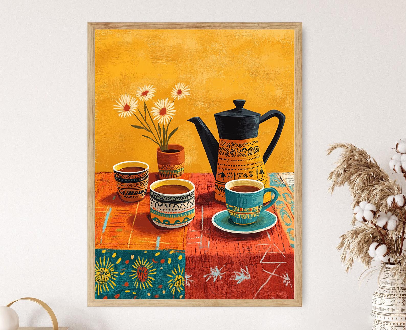 エチオピアコーヒーの絵 エチオピアのコーヒーセレモニーのアートプリント、伝統的な陶器と装飾