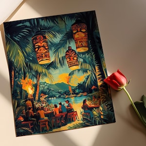 May include: A colorful print depicting a tropical bar scene with tiki torches, palm trees, and hanging tiki lanterns. People are seated at the bar and tables. A red rose is in the foreground.
