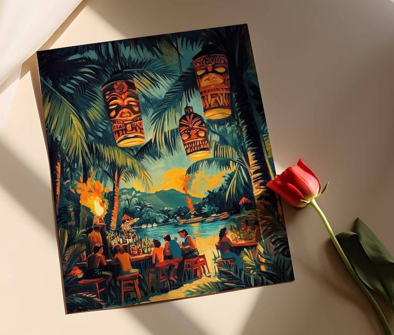May include: A colorful print depicting a tropical bar scene with tiki torches, palm trees, and hanging tiki lanterns. People are seated at the bar and tables. A red rose is in the foreground.