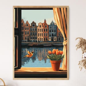 Amsterdam Stieglitz am Fenster Poster, Holländische Vogelszene, Flacher Vektor Grachten Stadt Druck