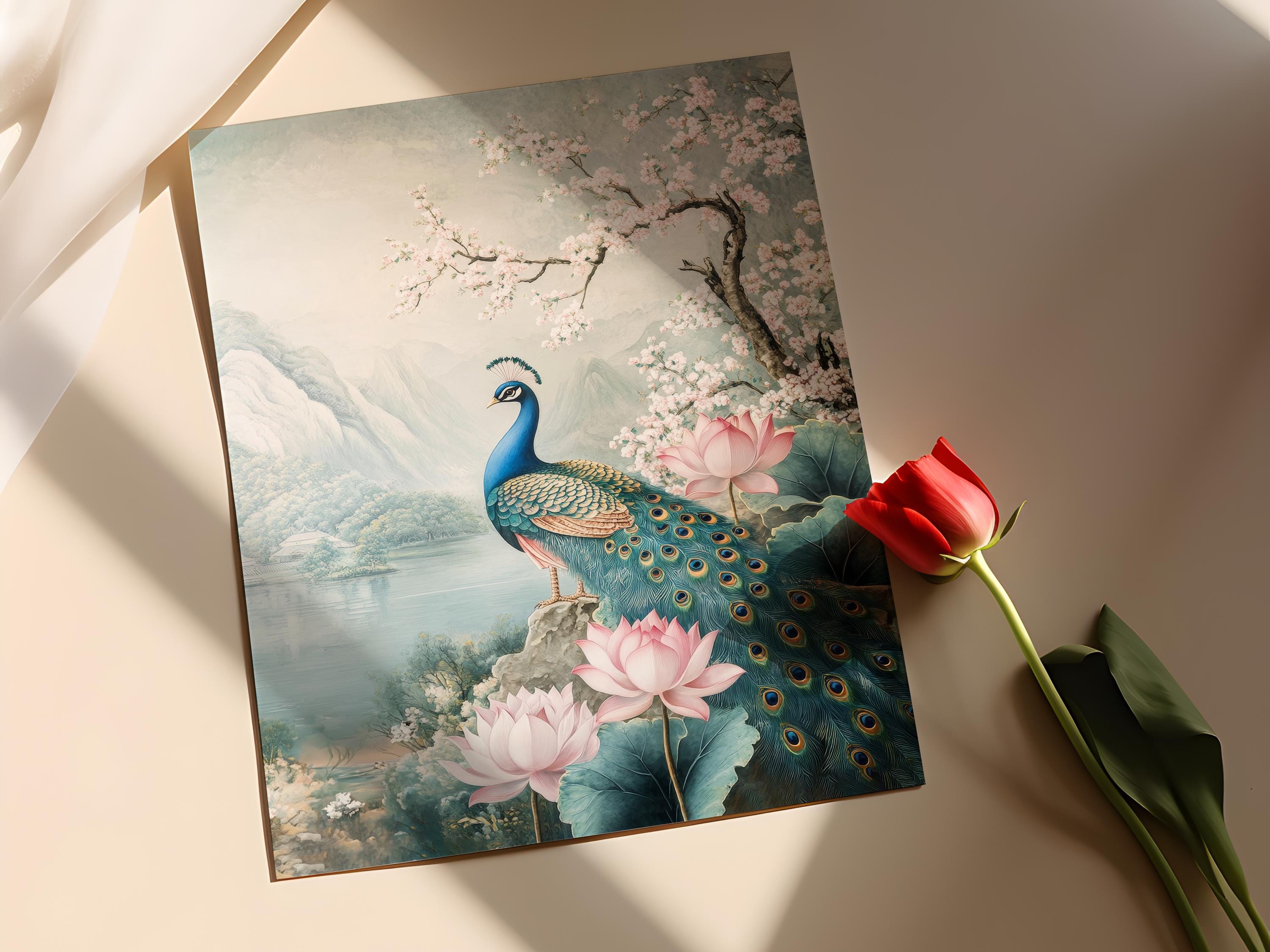 孔雀と蓮のフレスコ画、インド古典花の風景 - Etsy 日本