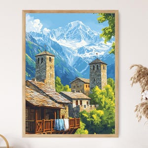 Svaneti Village Towers Poster, georgische Bergkultur Kunstdruck, flache Vektorerbeszene