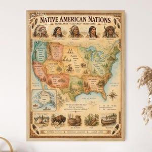 May include: A framed educational poster titled Native American Nations, Homelands, Cultures, Traditions. It features a map of the United States divided by regions, illustrations of indigenous people, wildlife, homes, and the quote We do not inherit the land.