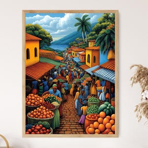 Rwanda Marketplace Illustration, Colorful Farm Market Painting, African Fruit Art, Wall Art for Kitchen, African Restaurant Decor
