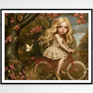 Impresión artística de niña con bicicleta, obra de arte encantadora y de inspiración vintage, ideal para decoración de sala de estar y regalos