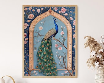 Indian Peacock Art Print, Mughal Style Wall Decor, Floral Peacock Illustration