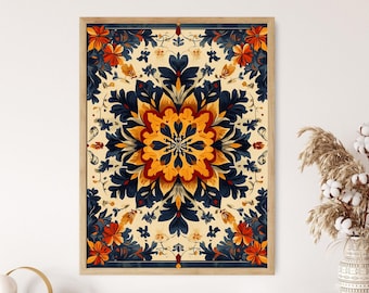 May include: A framed print with a colorful, symmetrical pattern. The design features a central mandala with yellow, orange, and red petals surrounded by blue and white floral motifs.