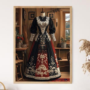 Hardanger Bunad Art Print, Norwegian Embroidered Costume, Traditional Folk Dress