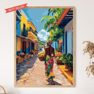 Ilustração de mulher jamaicana carregando frutas, impressão artística de cena de mercado tropical