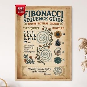 Può includere: Un poster educativo incorniciato intitolato Fibonacci Sequence Guide con uno sfondo di carta vintage. Mostra la sequenza numerica, diagrammi a spirale, illustrazioni botaniche e la citazione, Numbers are the poetry of the universe.