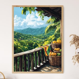 Målning av Kingston Balkongkorg, Poster med Breadfruit Jerk Spice, Konsttryck med jamaicansk marknad