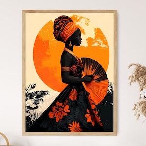 Op de afbeelding: Een digitale schildering van een zwarte vrouw met een grote oranje en gele hoofddoek, die een zwarte jurk met oranje en rode bloemenpatronen draagt, een grote oranje waaier vasthoudt voor een grote oranje zon.
