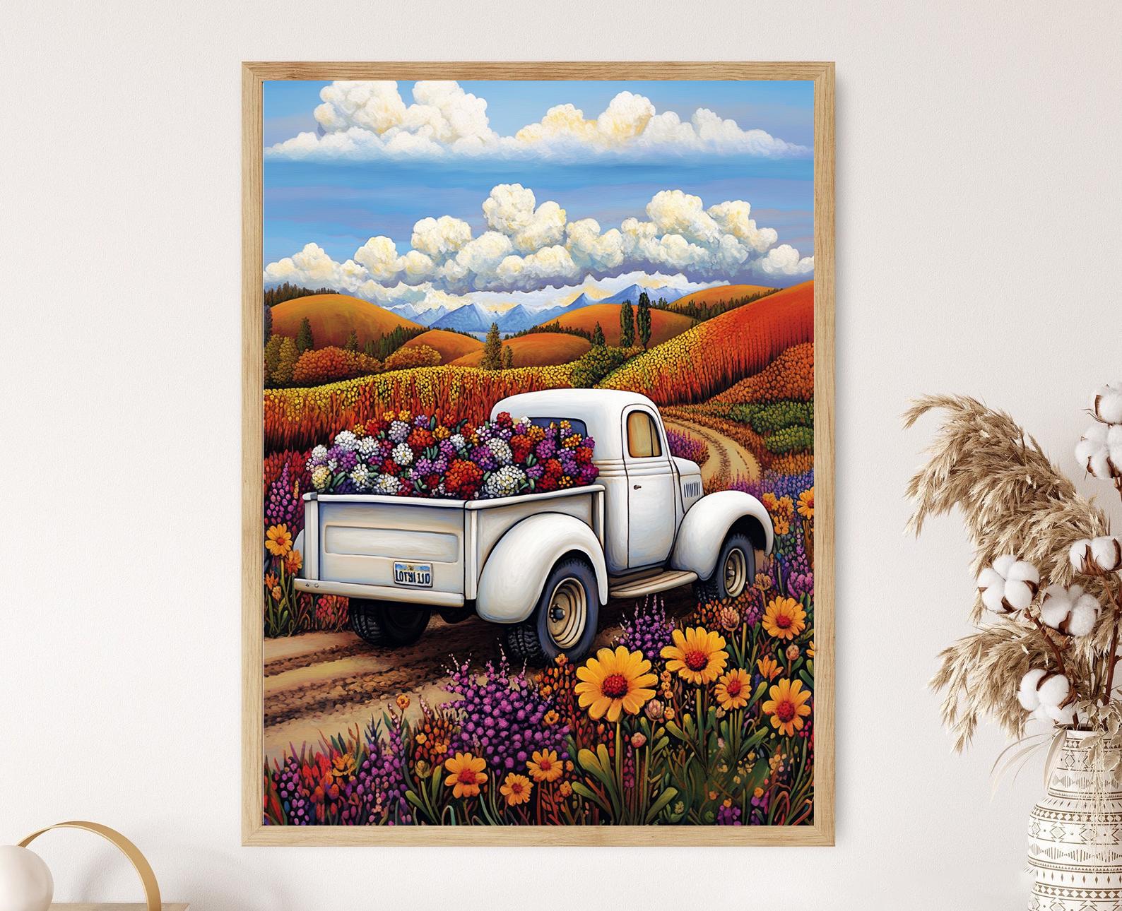 GWセール☆ TRUCK FURNITURE 草花染色　額　アートフレーム Vintage White Truck With Flowers, Countryside Landscape Wall Art