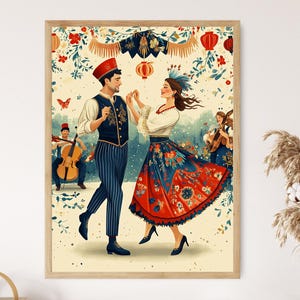 Polish Krakowiak Dance Art Print, Traditional Folk Costumes, Cultural Heritage Scene
