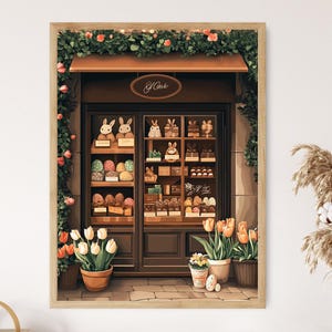 Belgisches Oster-Schokoladenladen-Plakat, Frühlings-Süßigkeitsladen-Kunstdruck, flache Vektor-Feiertags-Fensterszene