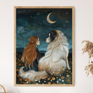Whimsical Girl and Dog Art Print, Charming Illustrated Wall Decor, Perfect for Nursery Room, Unique Birthday Gift for Kids