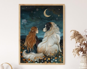 Whimsical Girl and Dog Art Print: Nursery Wall Decor