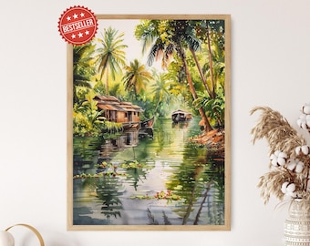 Peaceful Kerala Backwaters Art | Indian Cultural Print | Tranquil Landscape with Houseboats and Lush Greenery | Serene Water Scene