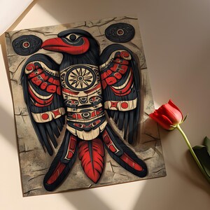 Haida raaf totempaneel illustratie, traditioneel houten ornament Art Print afbeelding 2