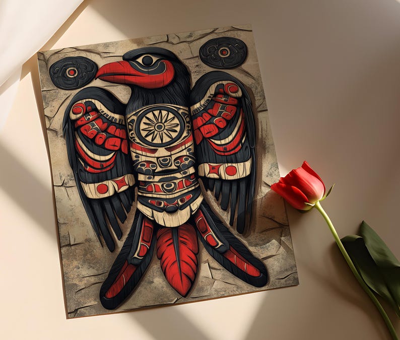 Haida raaf totempaneel illustratie, traditioneel houten ornament Art Print afbeelding 2