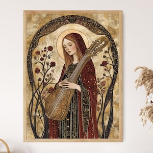 Hildegard of Bingen Wall Art, Mystical Saint with Floral Motifs, Catholic Art Print