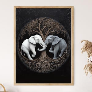 Yin Yang Elephants Art Print, Black and White Elephant Tree Design