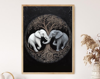 May include: A framed print of a black and white illustration of two elephants with their trunks intertwined, standing in front of a stylized tree with intricate roots and branches. The elephants are facing each other, with one elephant being white and the other being gray.