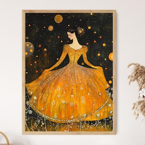 Klimt Inspired Portrait Art Print, Woman in Gold Dress, Art Nouveau Fashion