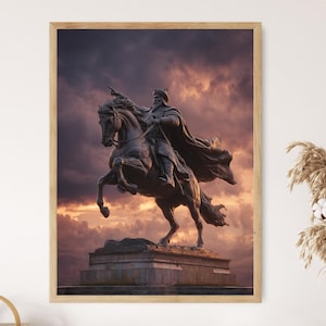 Impresión artística de la estatua de Gengis Kan, póster de guerrero mongol a caballo, decoración de pared del imperio ecuestre, escena histórica del monumento al atardecer