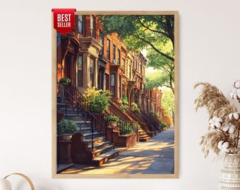 May include: A framed print depicting a street scene with brownstone buildings, steps, and wrought iron railings. Green trees line the pavement. The artwork is in a wooden frame and has a "Best Seller" tag.