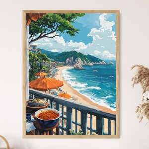 May include: A framed art print of a coastal scene. The artwork depicts a beach with orange umbrellas, turquoise water, and a blue sky with fluffy clouds. A balcony with a table and food is in the foreground.