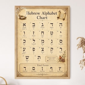 Könnte beinhalten: Ein gerahmtes Poster mit dem hebräischen Alphabet auf hellem Hintergrund. Die Tabelle zeigt schwarze hebräische Buchstaben, ihre Namen und phonetische Laute in einem Raster. Es enthält Illustrationen einer Öllampe, einer Schriftrolle und Granatäpfeln.