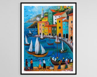 Portuguese Fisherman Scene Art Print, Coastal Life Folklore